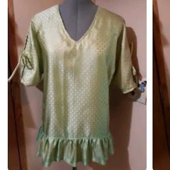 CHARMEUSE Boho Ruffled Blouse XL Mint green Gold Silky print Sexy V-neck Tie sle - Picture 9 of 12